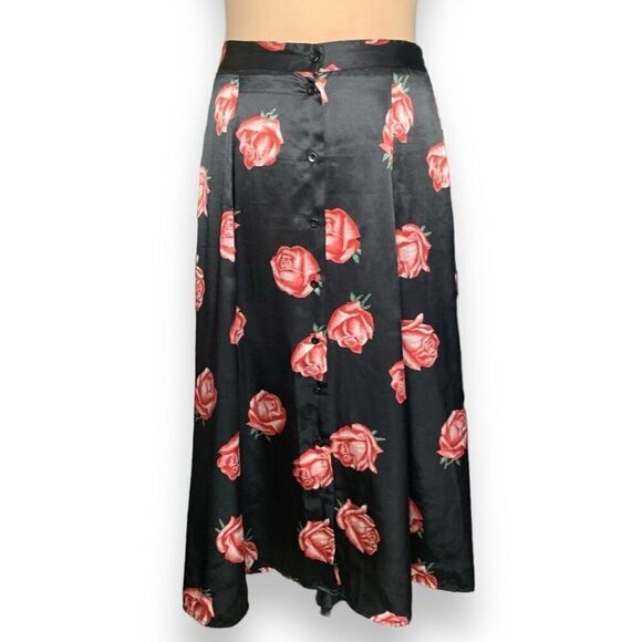 Vintage 90s Notations Rose Print Black Satin Button Front Maxi Skirt Size 14P - Picture 3 of 9